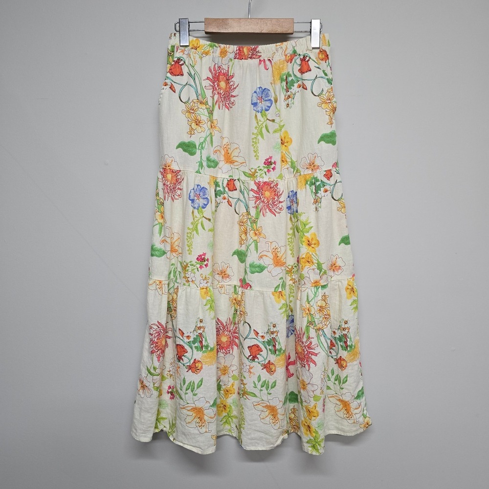 Laura Ashley Tiered Maxi Skirt Women S Cream Floral Linen Blend Cottagecore